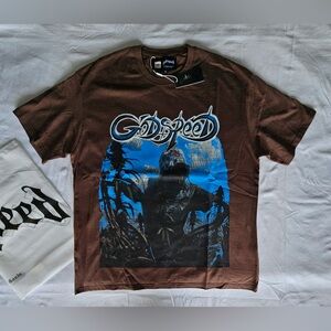 Godspeed Brown Graphic Tee - Men's Brown Shirt with Blue Print